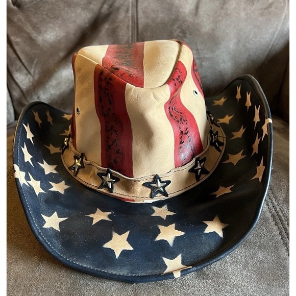 American Flag Cowboy Bull Hide Hat Star Brim Size Small - Picture 4 of 9